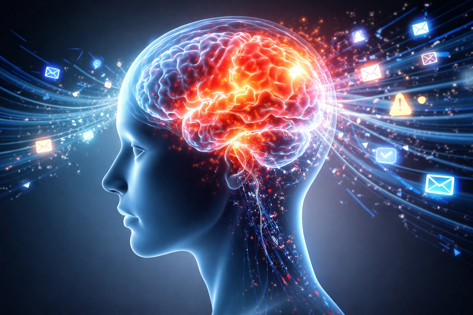 A translucent human head showing a brain overloaded by digital data streams and notifications, illustrating digital fatigue.