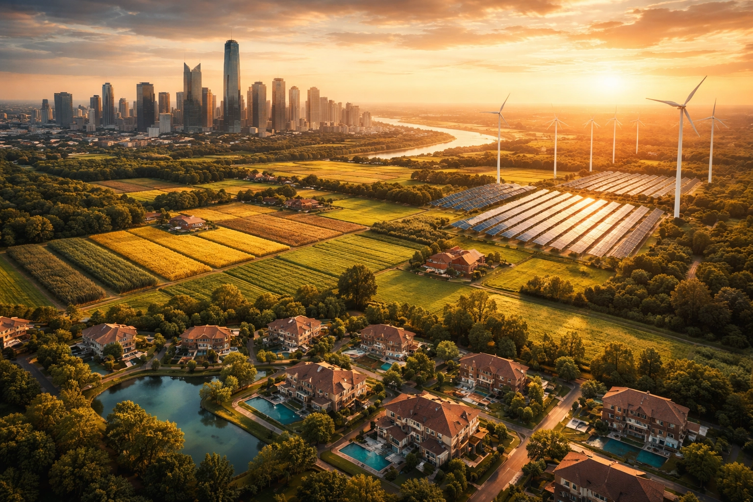 Diverse investment landscape with city, farmland, and renewable energy showing portfolio diversification