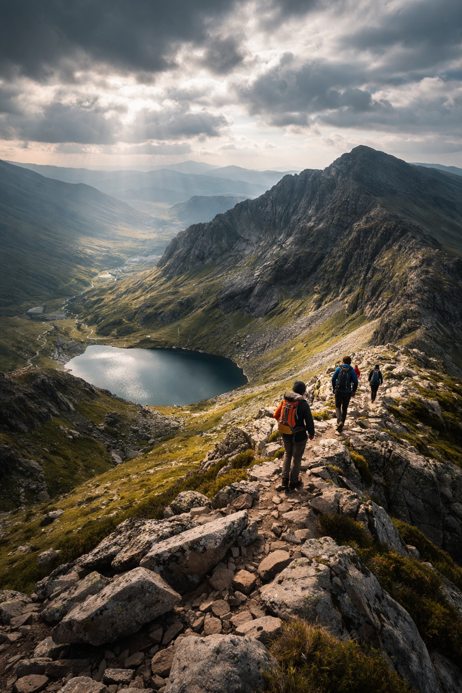 Guided hiking group crossing a ridge in Snowdonia National Park with mountain views below.