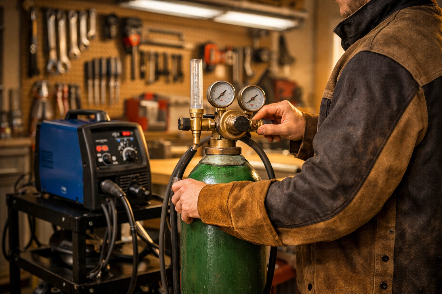 A DIY enthusiast adjusting a gas regulator on a MIG welding cylinder in a home workshop.