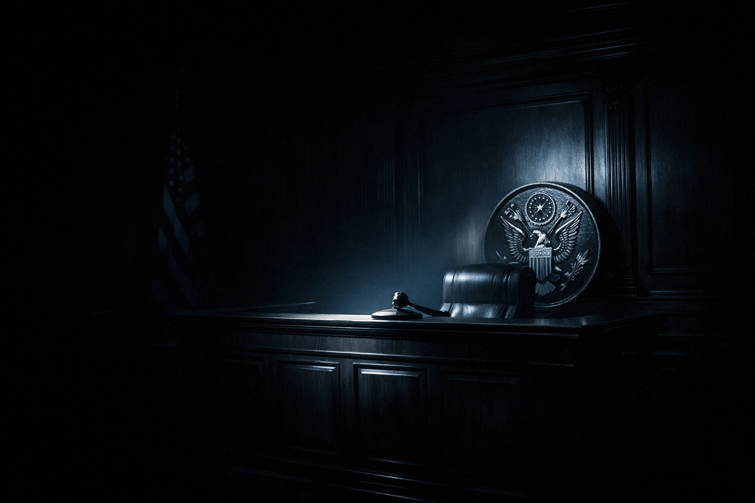 Dark courthouse with one-sided lighting representing secret FISA court proceedings