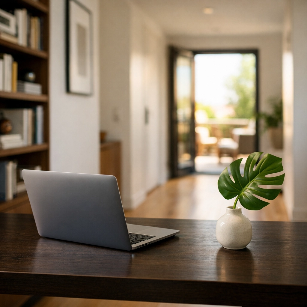 Organized home office workspace reflecting the efficiency of a scheduled house cleaning service.