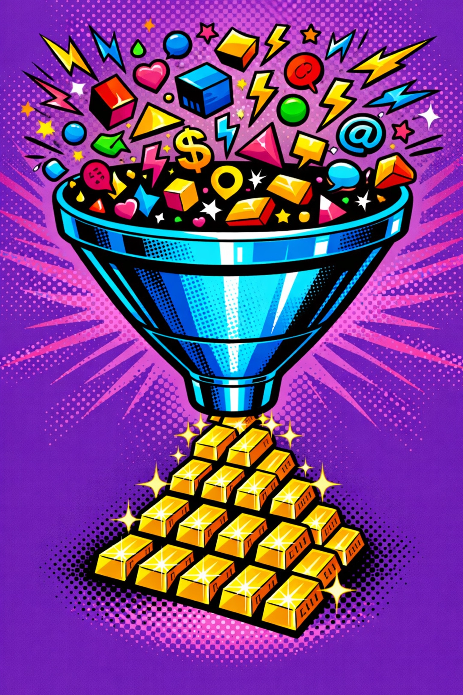 Digital funnel organizing chaotic data into valuable assets through small business workflow automation.