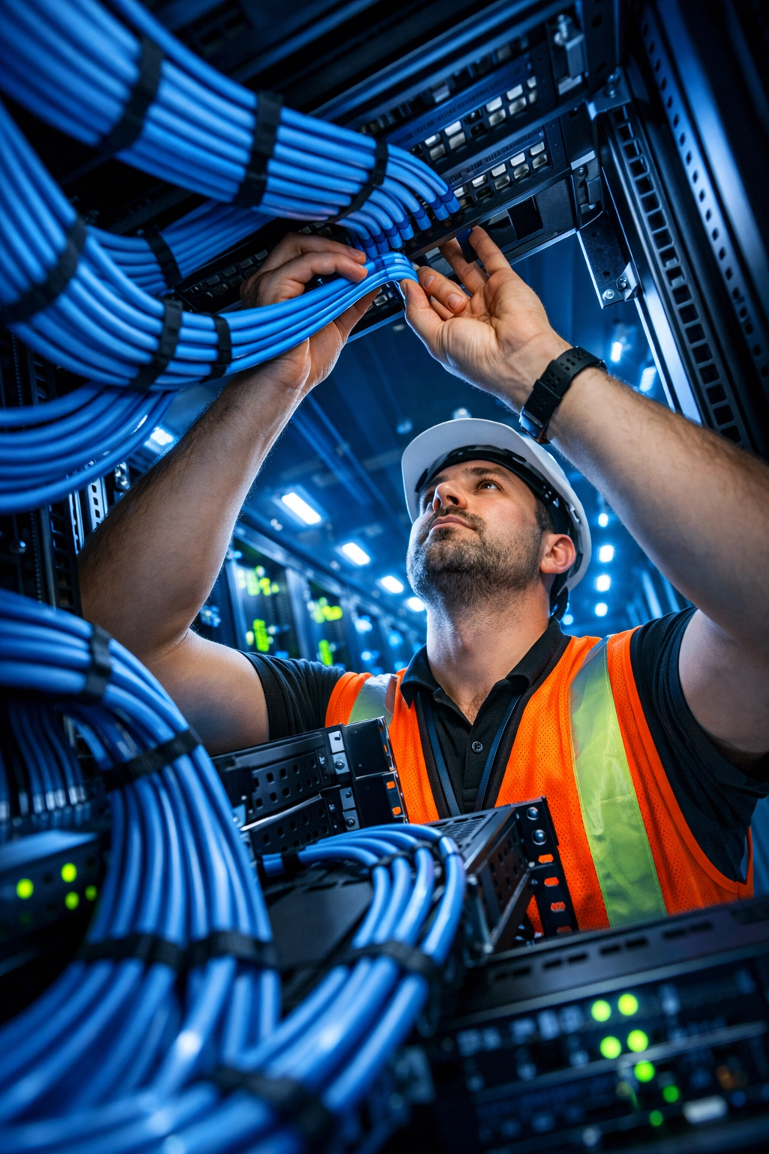IT technician installing structured cabling in server rack at data center