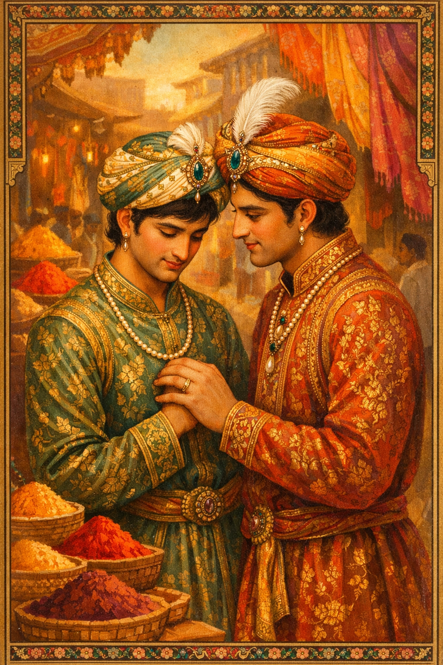 Romantic illustration of two South Asian men in traditional Mughal clothing sharing a moment in a bazaar.