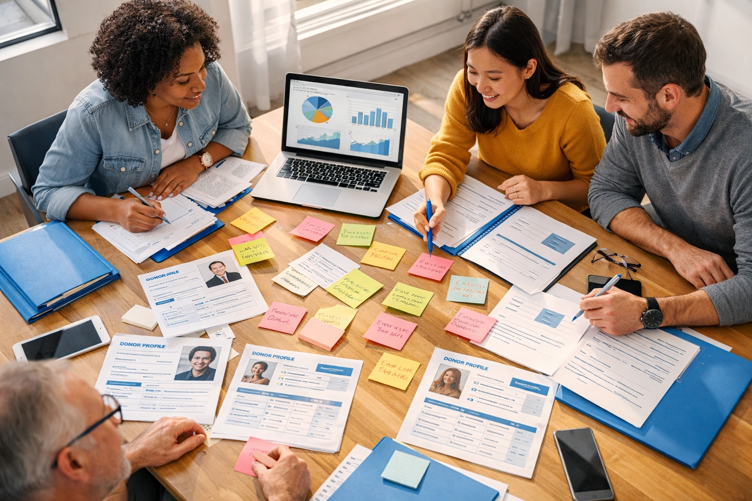Nonprofit team collaborating on prospect research and donor identification strategy