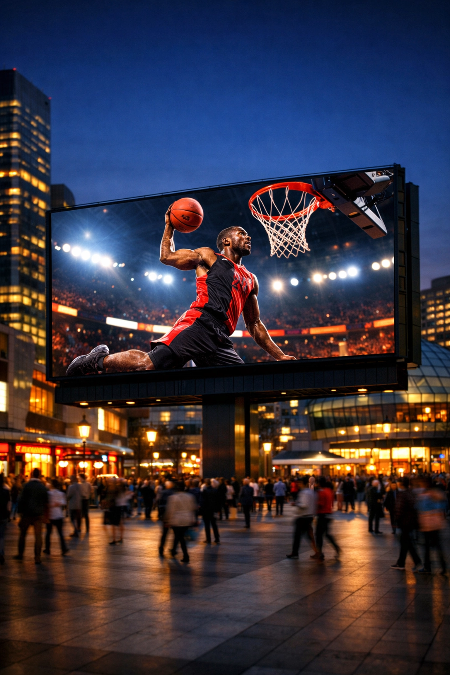 Large digital billboard in a city plaza showing a basketball player dunking during a live game event.