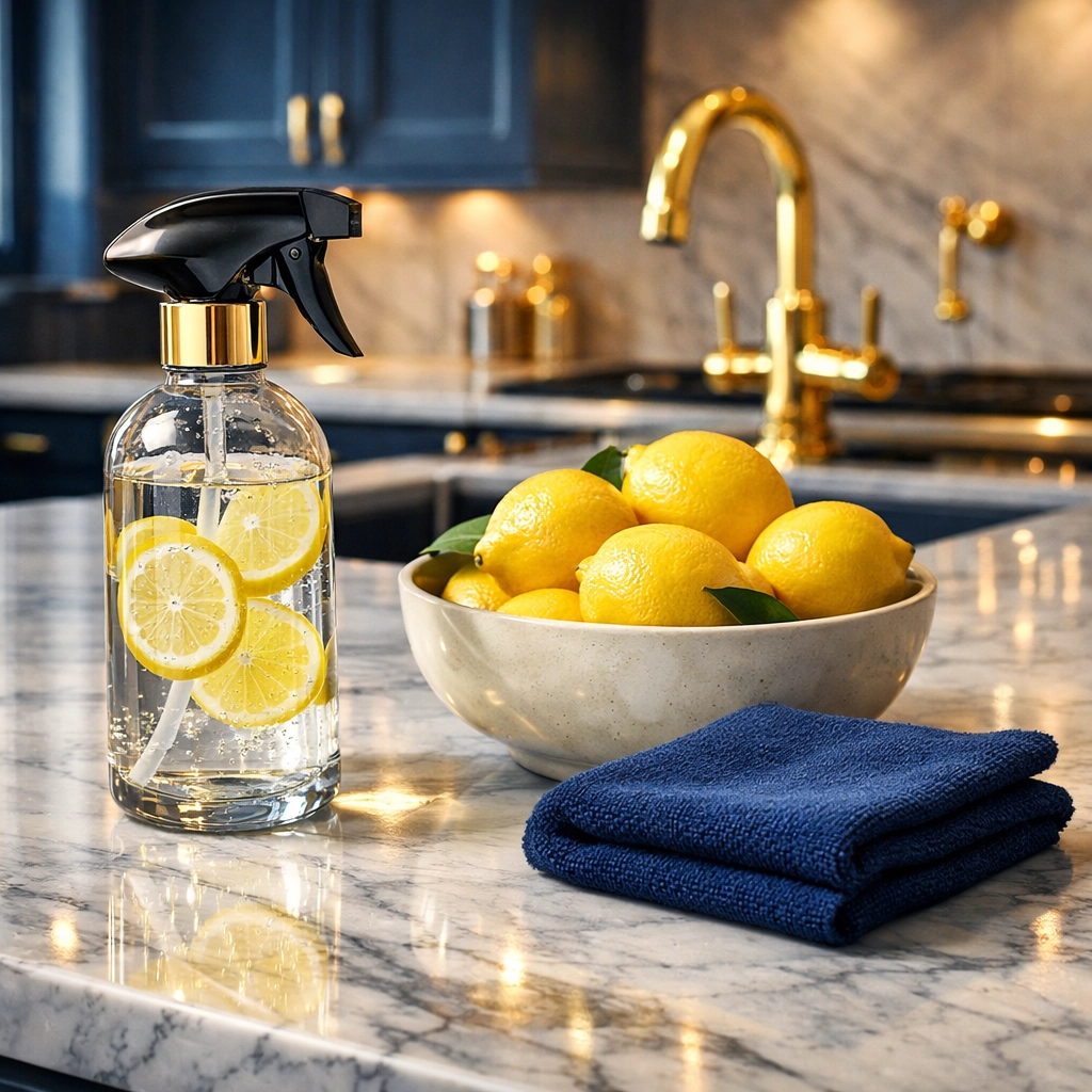 Eco-friendly cleaning supplies including natural lemon spray and microfiber cloth on a marble counter.