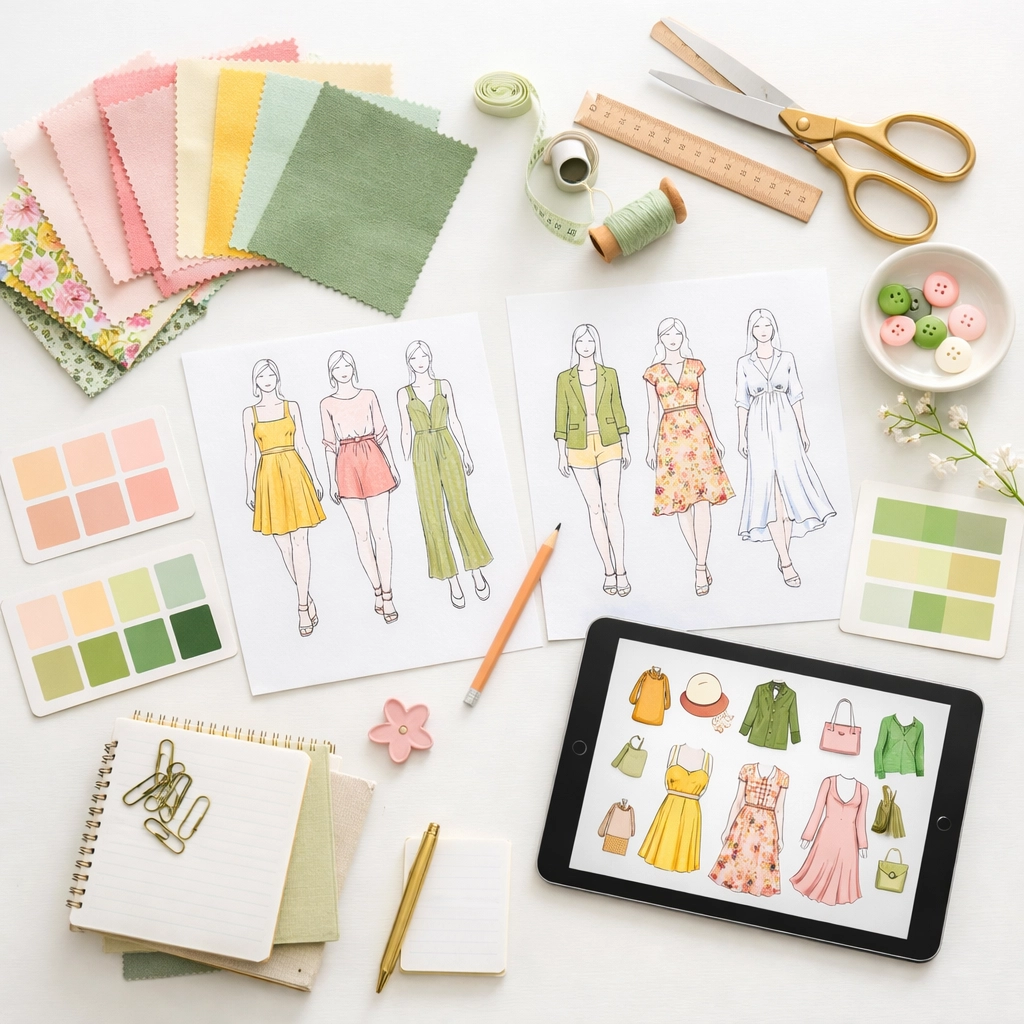 Custom t-shirt design materials including fabric swatches and color palettes