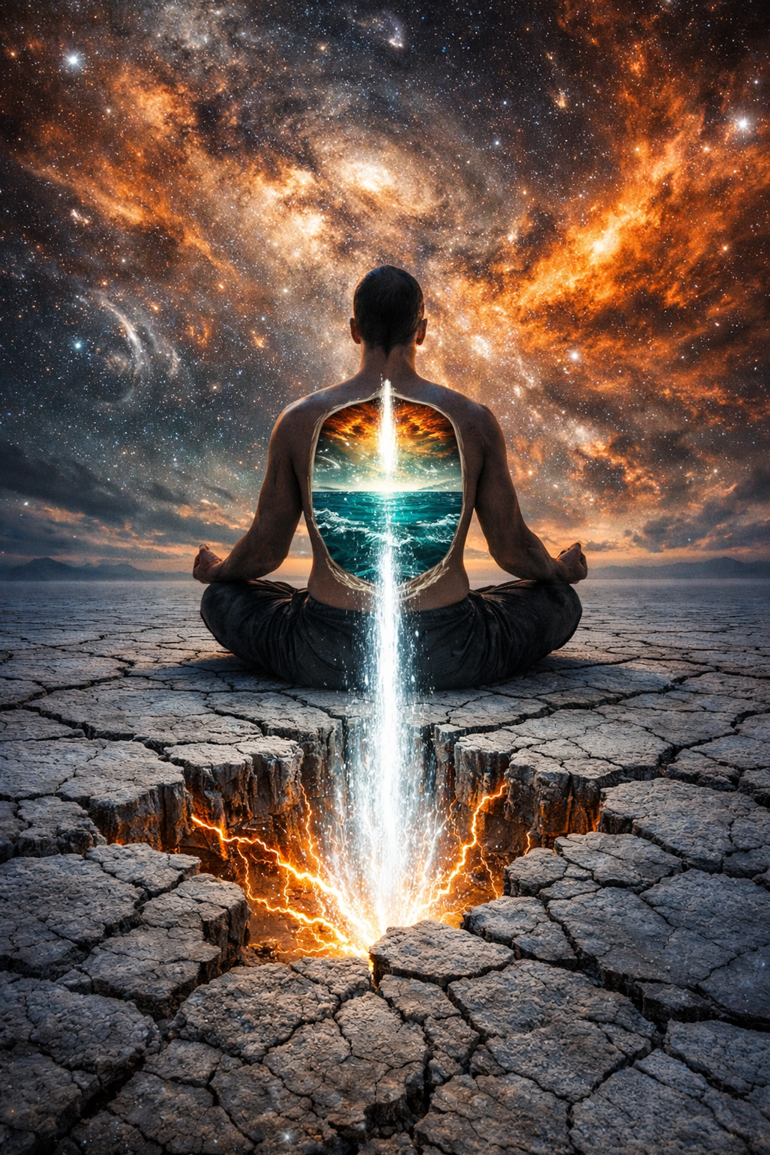 A grounded person meditating to be more peaceful and regulate their internal state using co-regulation techniques.