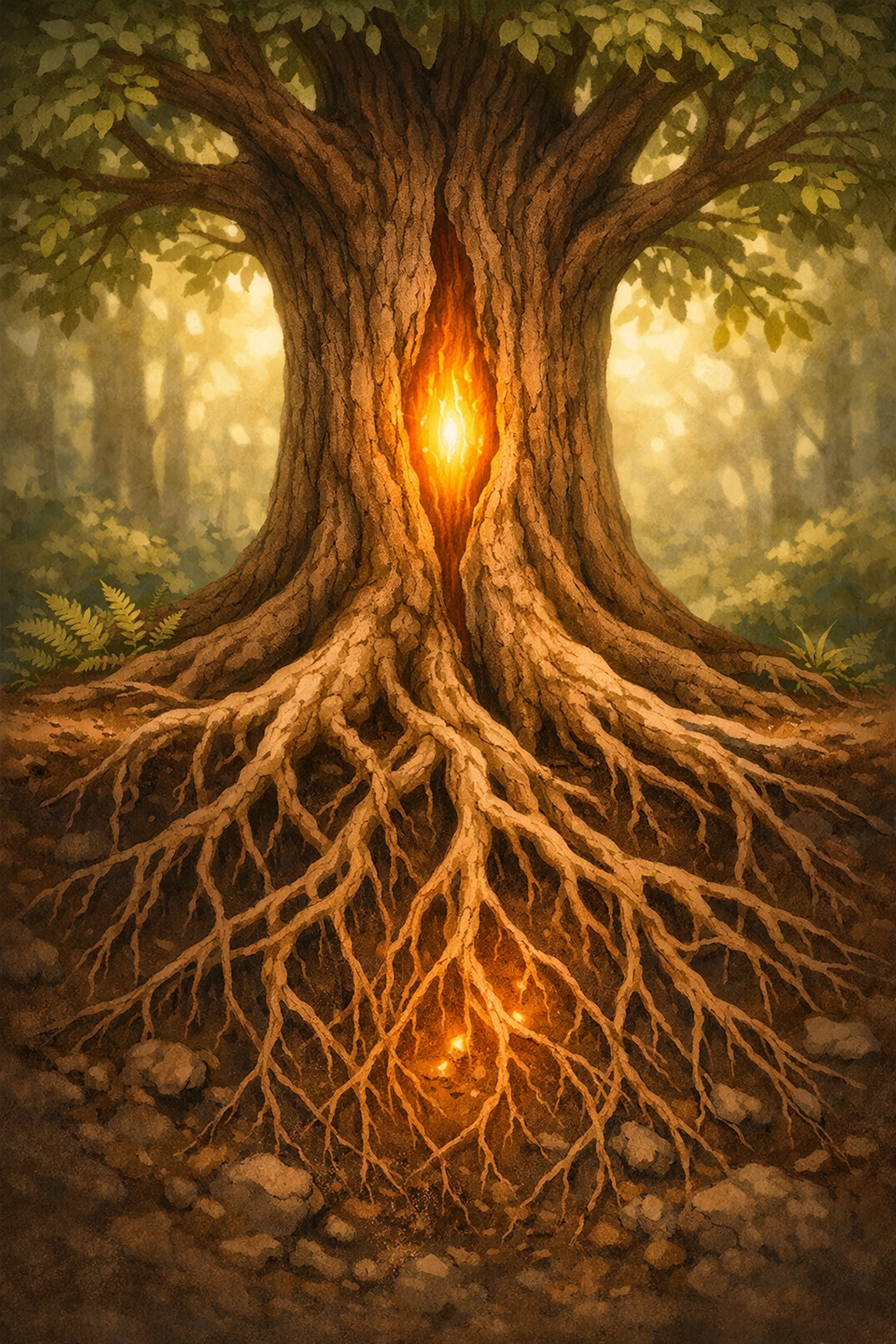 A majestic tree with deep roots and a glowing center, symbolizing the growth of inner value and self-respect.