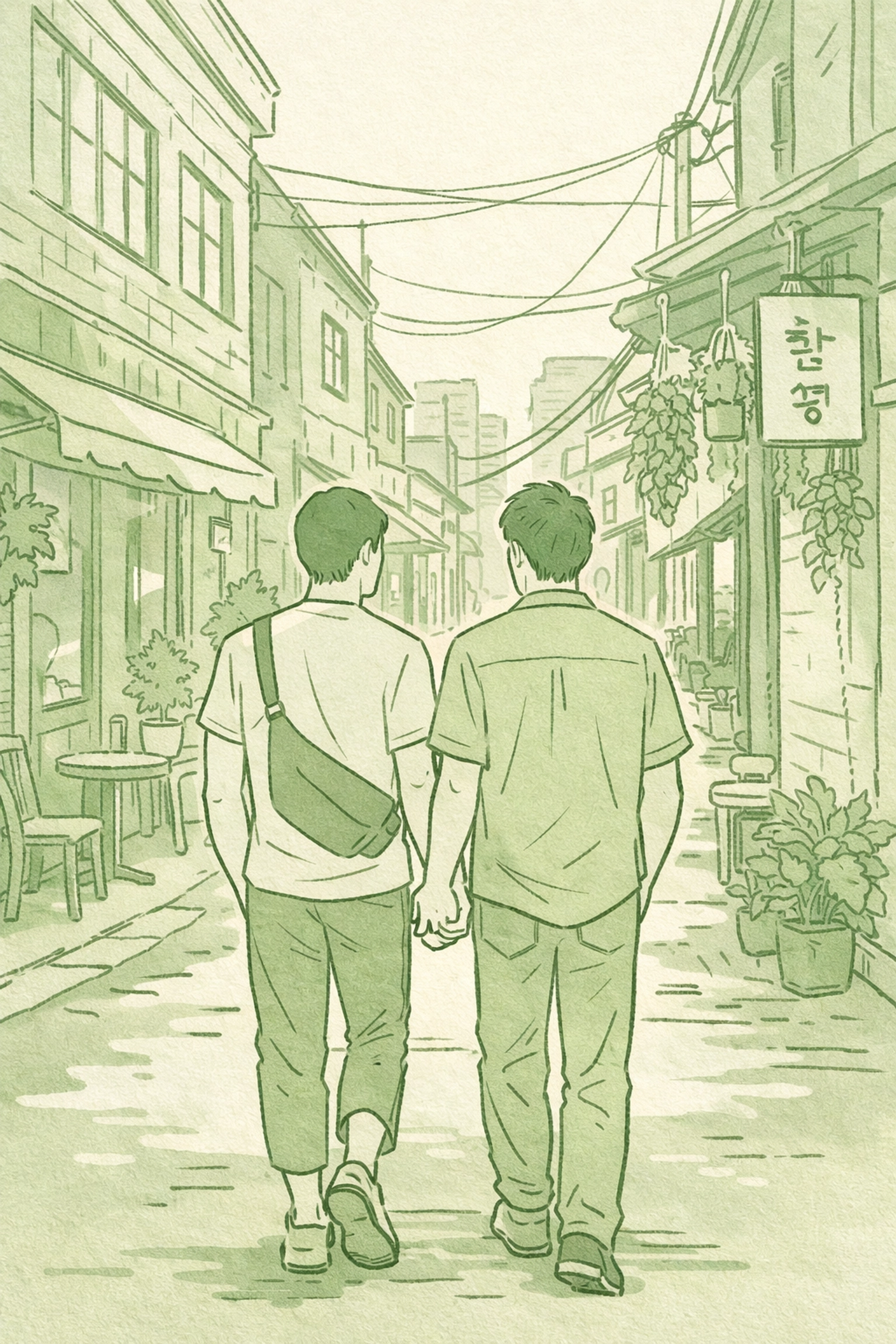 Gay couple holds hands openly in Seongsu-dong Seoul alleyway - MM romance finding freedom