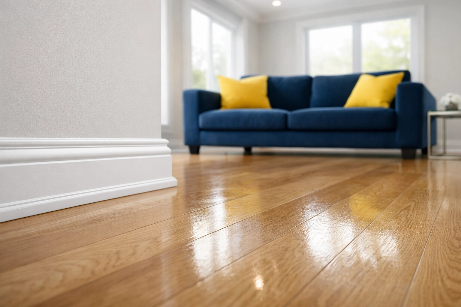Pristine hardwood floors and white baseboards in a deep-cleaned Maynard living room.