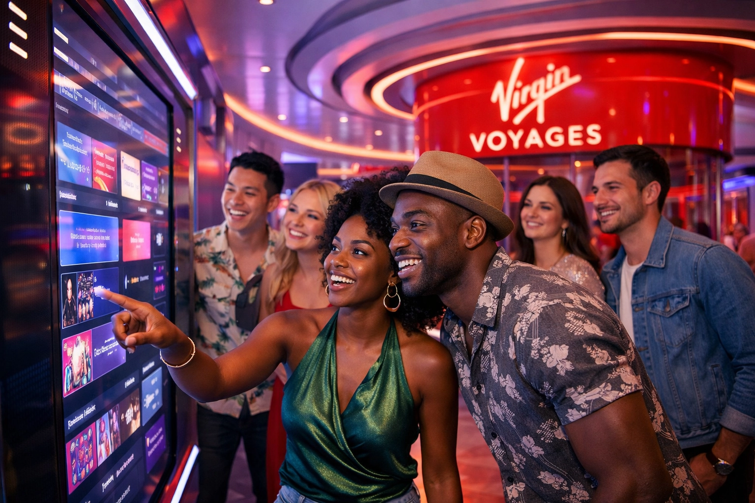 Diverse friends exploring modern onboard activities and interiors of a Virgin Voyages ship.