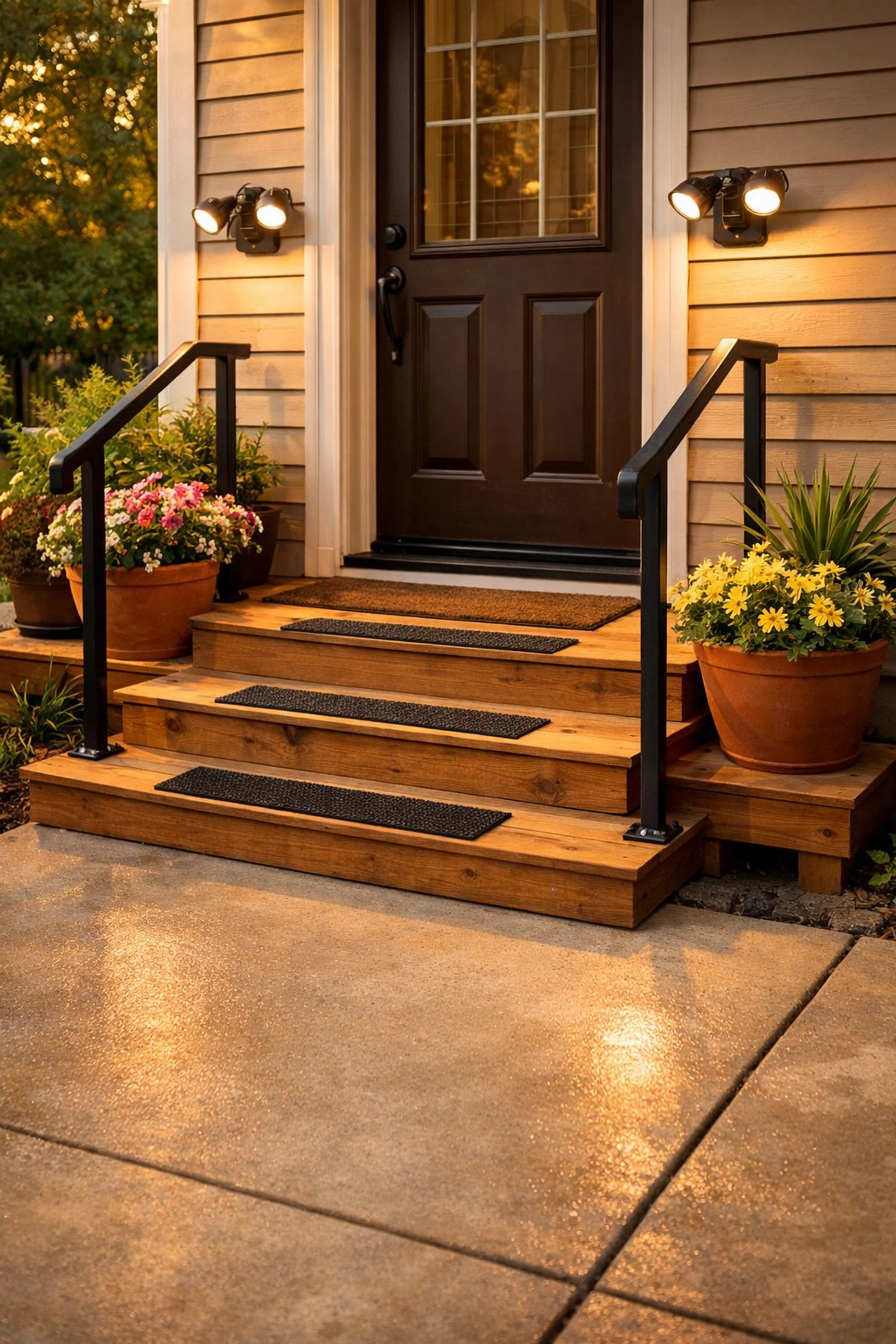 Safe home entrance with handrail and non-slip steps for fall prevention