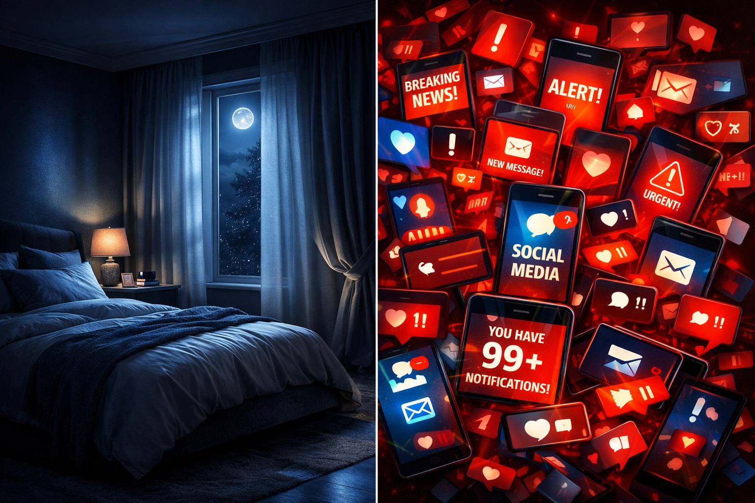 Peaceful bedroom contrasted with chaotic phone notifications showing digital anxiety and information overload