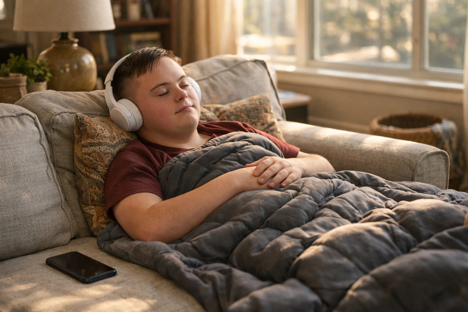 A teen resting guilt-free on a couch with a weighted blanket and headphones, showing rest as a requirement (not a reward) in ADHD burnout recovery.