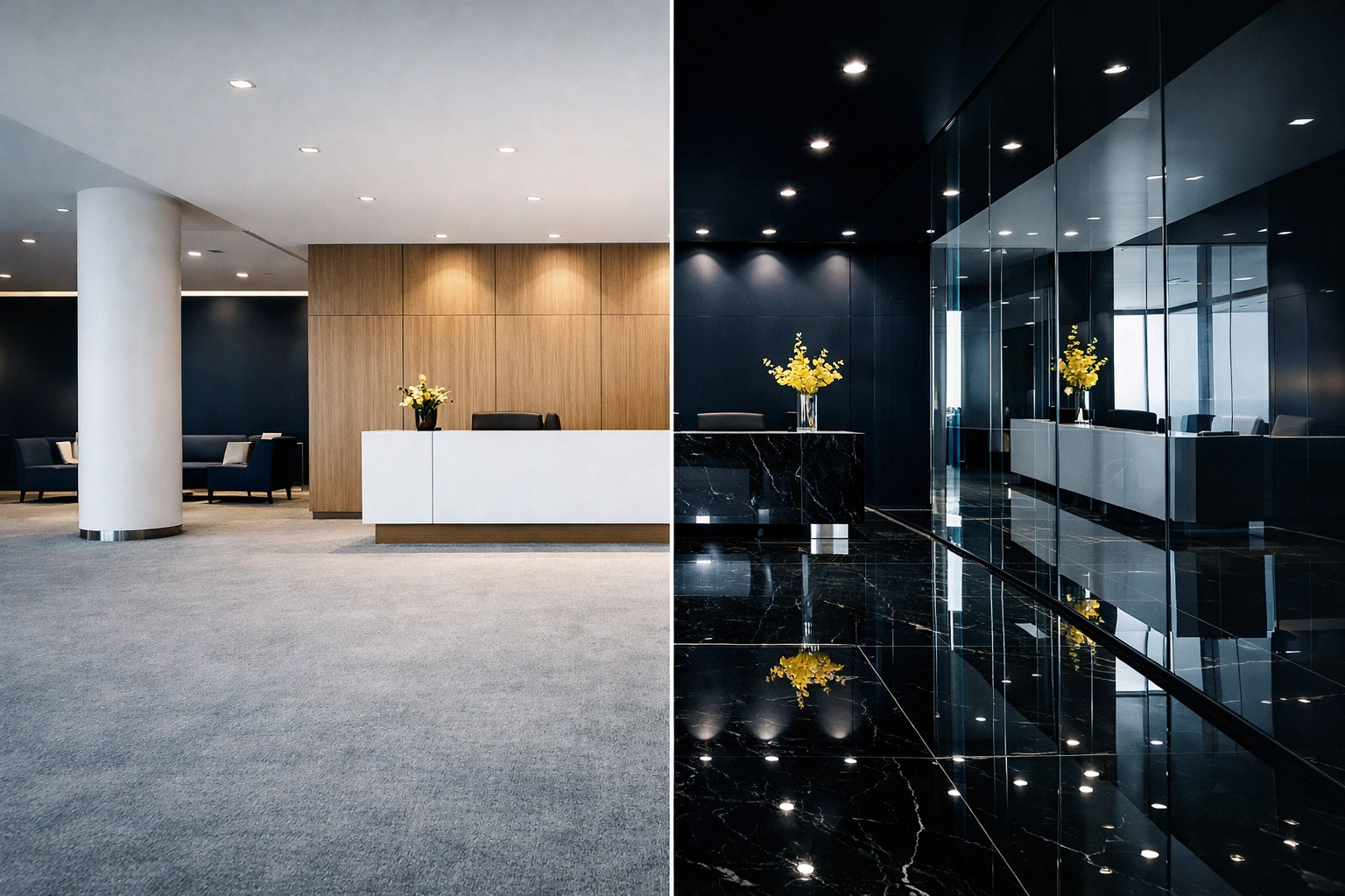 Comparison of standard lobby maintenance versus the high-shine finish of a professional commercial cleaning company.
