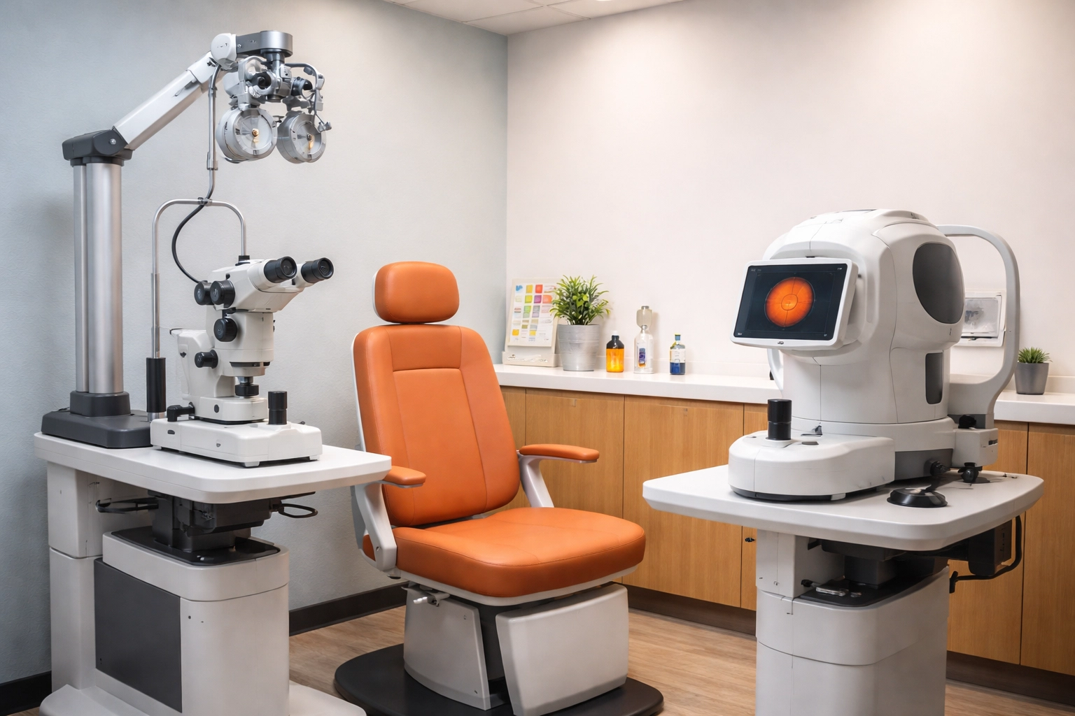 Modern eye exam room at Michigan Eye Consultants with advanced diagnostic tools in a calm, boutique clinic setting