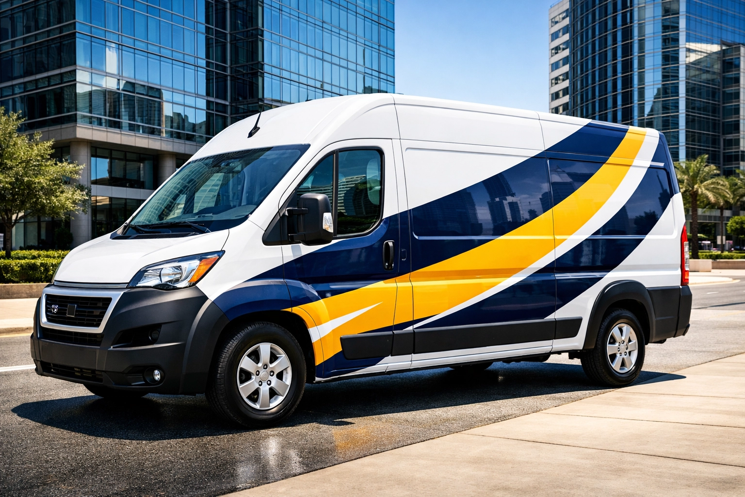 Partial vehicle decal wrap on a commercial van providing mobile advertising for a DFW startup business.