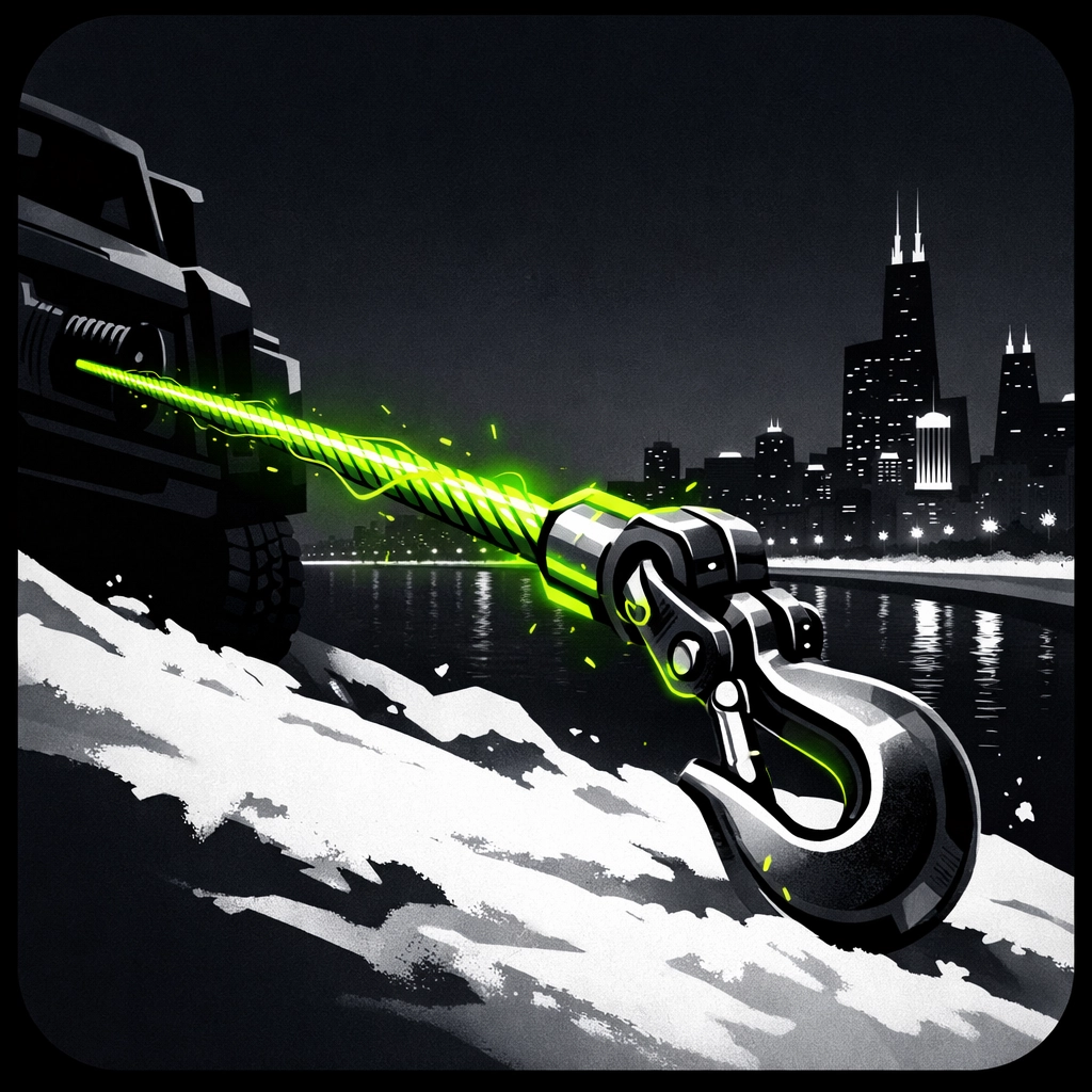 Heavy duty winch out service for vehicle recovery in snowy Chicago conditions.