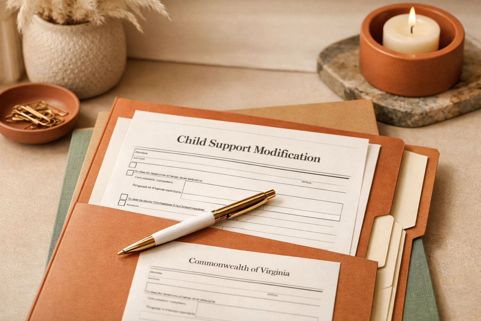 Virginia child support modification filing documents with a pen and organized paperwork on a neutral desk in terracotta, sage, and cream tones.