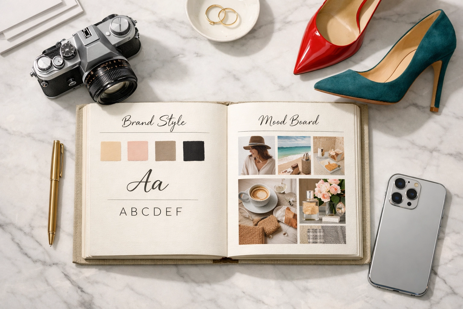 A reselling brand bible on a desk with designer items, showing how to create a consistent brand voice for ebay selling.