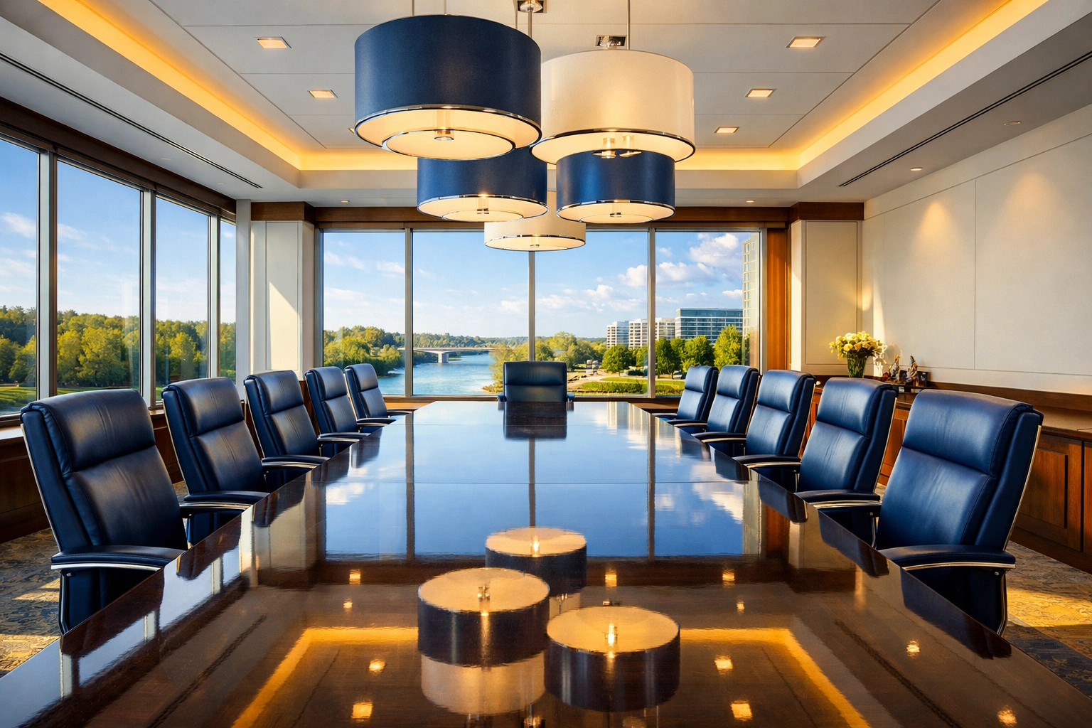 A spotless corporate conference room in Bridgewater cleaned with high-end professional standards.