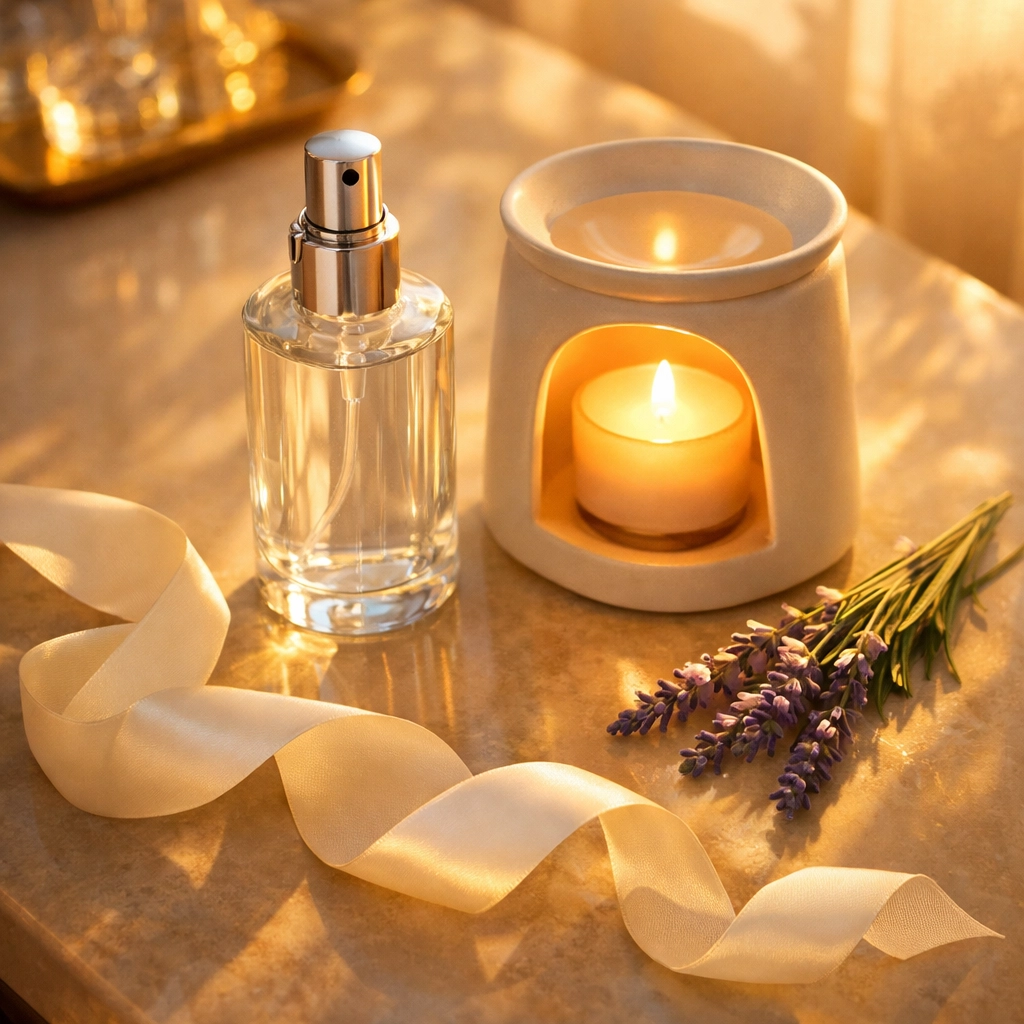 Luxury room spray bottle and ceramic candle warmer on a vanity for flame-free home fragrance.