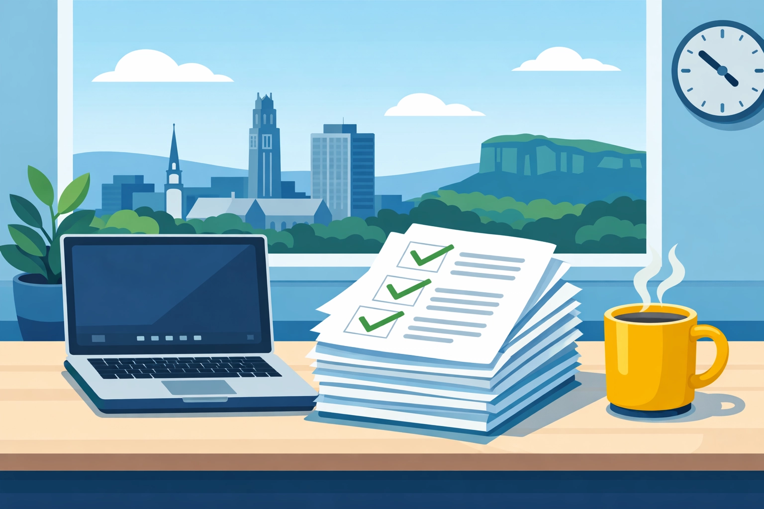 Professional New Haven tax office desk with a view of East Rock, representing local tax preparation services.