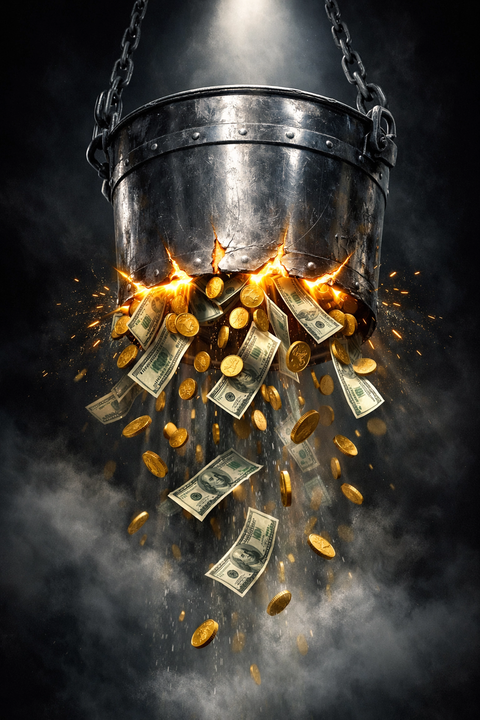 Money falling out of a leaky bucket representing wasted HVAC marketing spend and lost revenue.