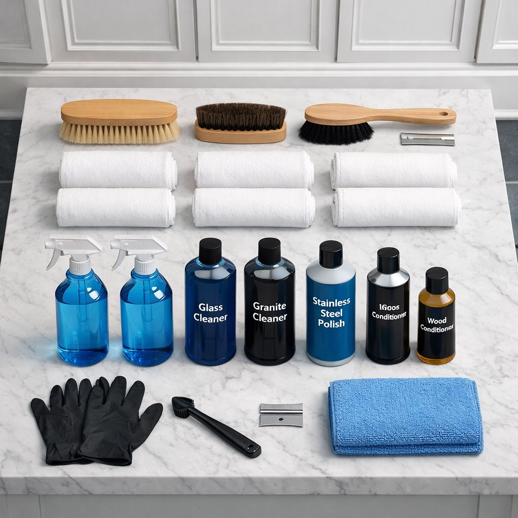 Professional Hingham estate cleaning kit with eco-friendly tools organized in a luxury marble mudroom.