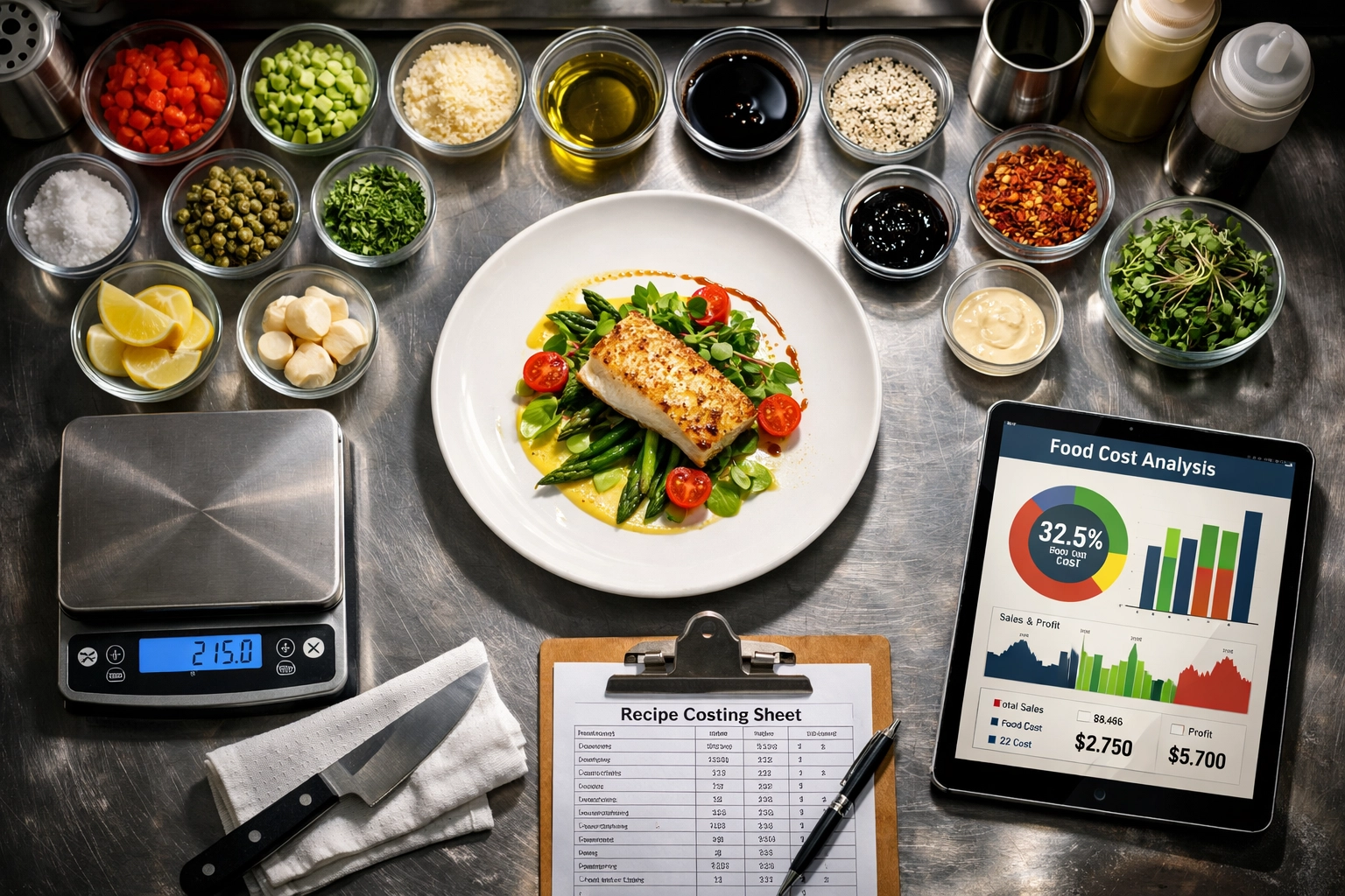 Restaurant prep station with measured ingredients and digital food cost tracking analytics