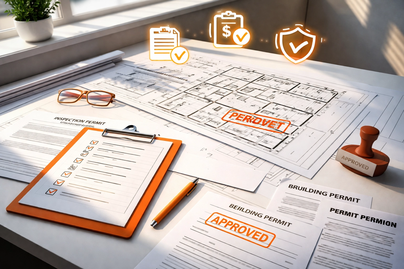 Architectural blueprints, permits, and checklists on a desk represent Bay Area construction permitting and regulatory compliance.
