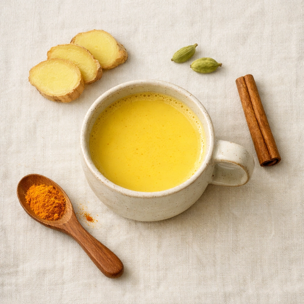 Golden milk tea surrounded by fresh ginger, cardamom pods, cinnamon, and vibrant turmeric powder.