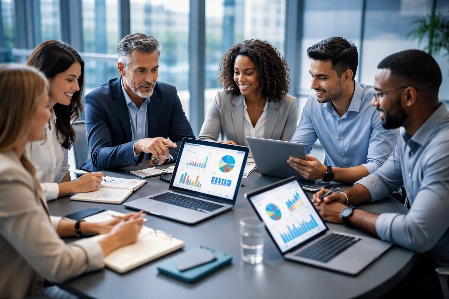 Small business team planning AI integration using laptops in a modern office, collaborating on network strategy