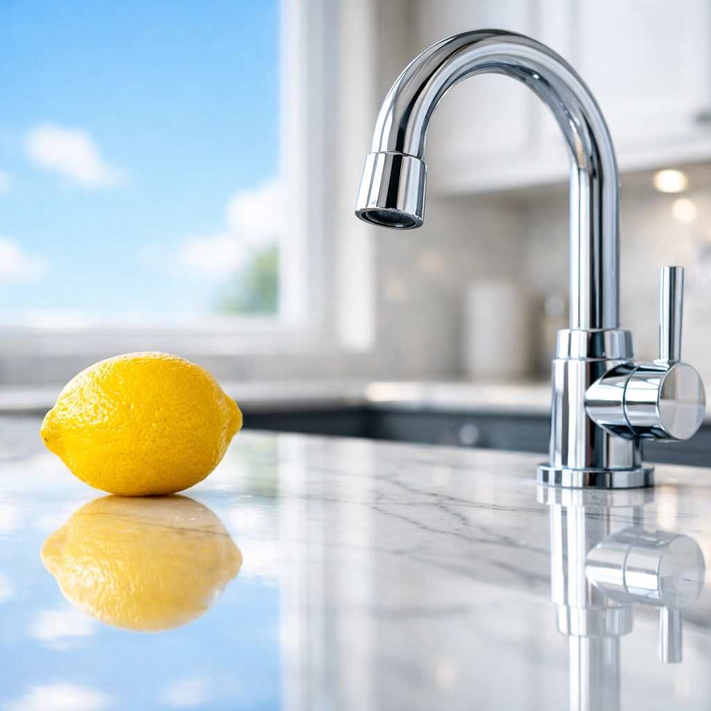 Sparkling clean white marble kitchen countertop and faucet after a professional sanitizing session.