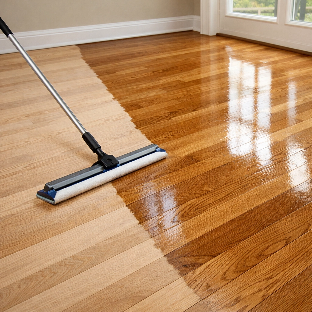 Waterborne hardwood finish application showing before and after transformation