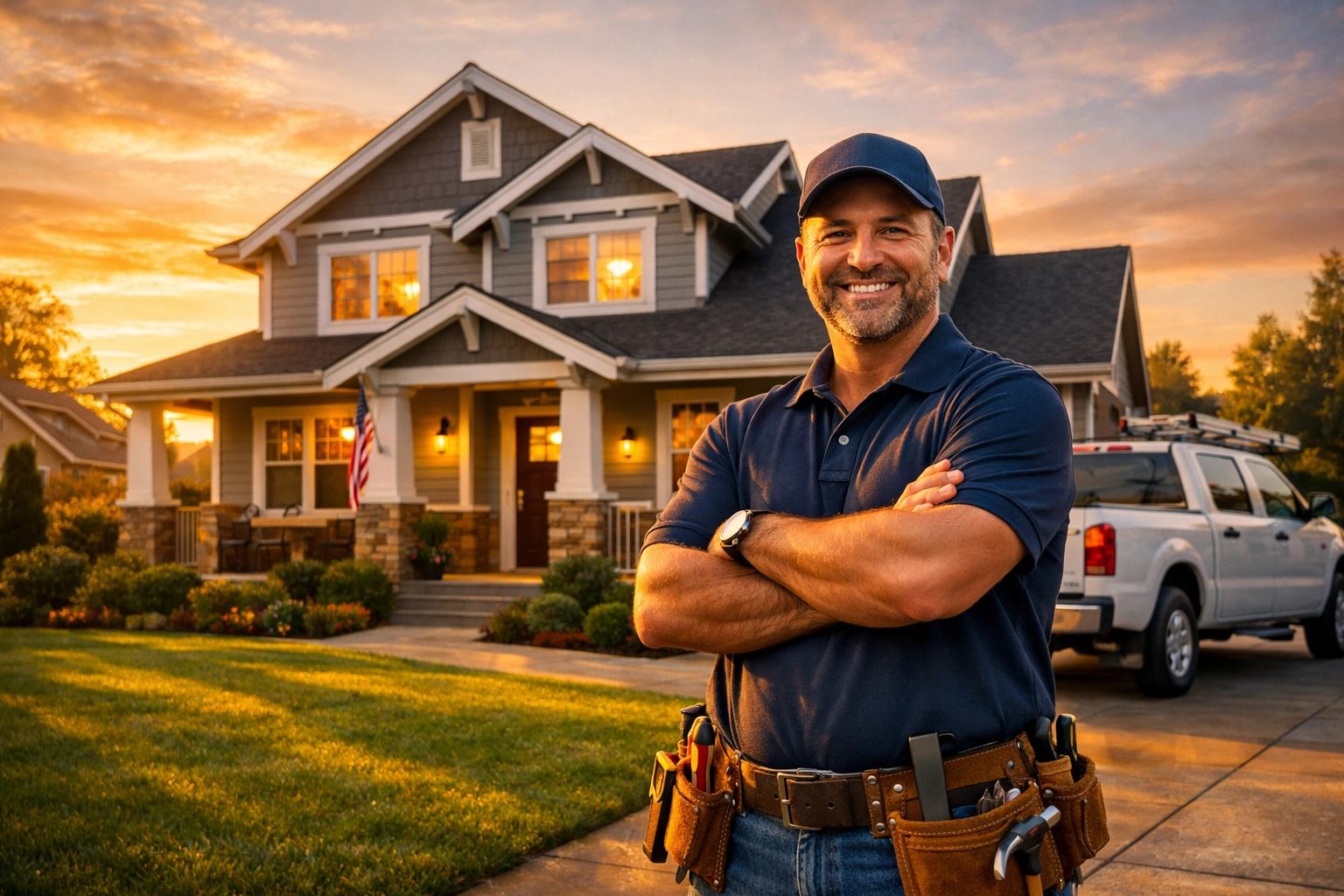 A local contractor standing in front of a home to build authority through local SEO services and content.