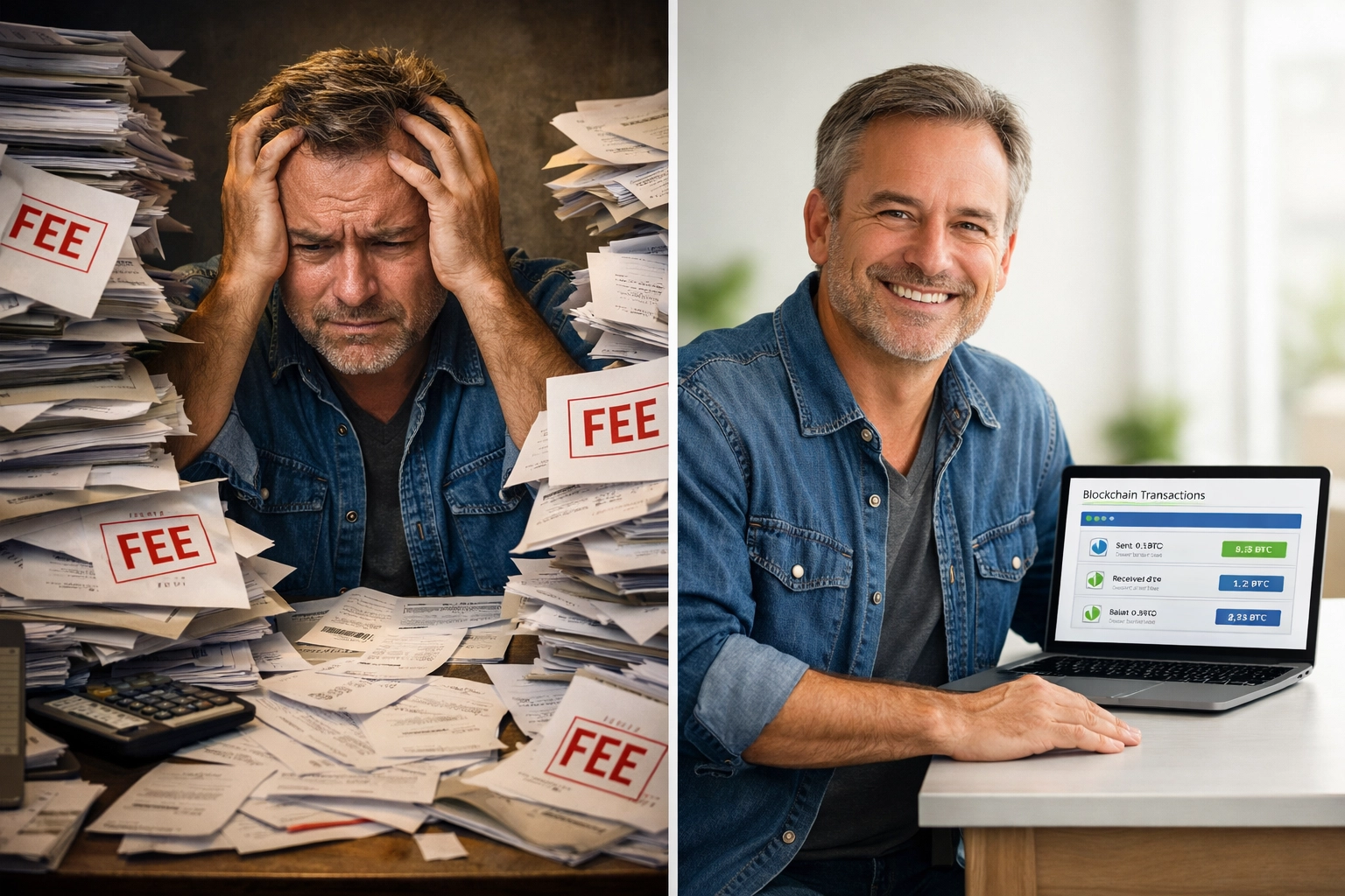 Merchant comparing traditional payment fees to simplified crypto self-custody solution