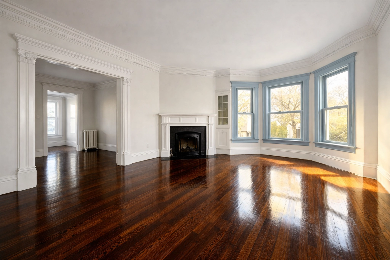 Empty Victorian living room in Worcester MA showing perfectly clean hardwood floors after move-out cleaning.