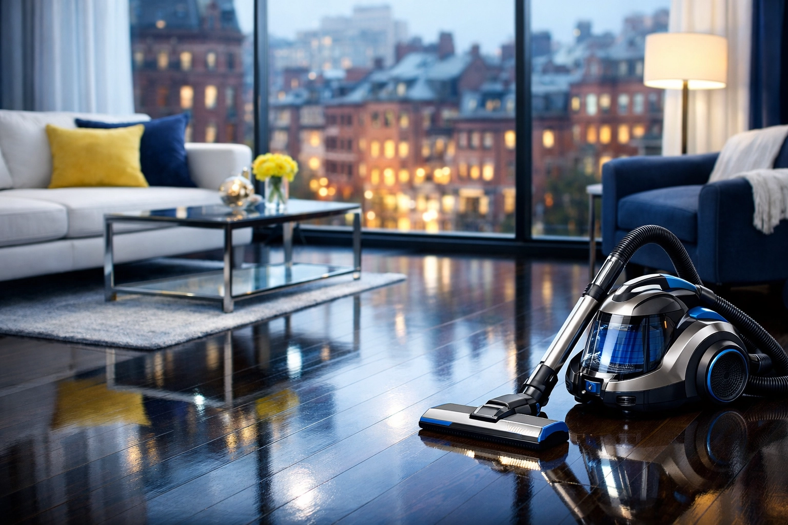 Spotless hardwood floors and HEPA vacuum in a modern high-rise, showing expert Apartment Cleaning Boston results.