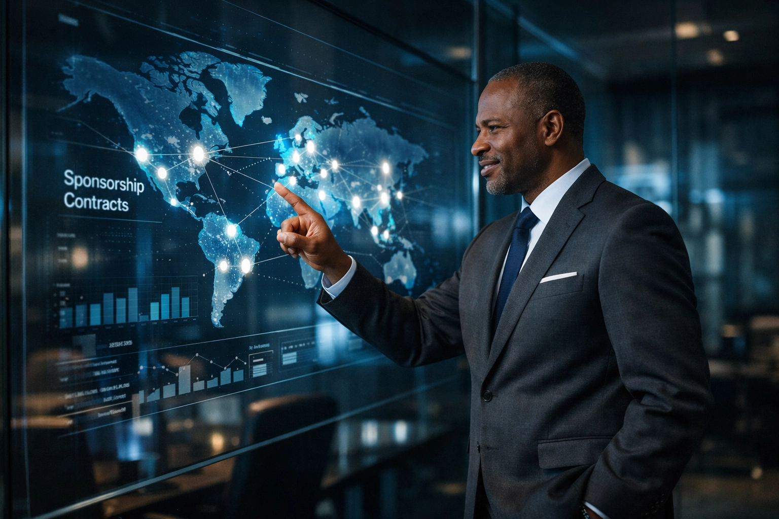 Business executive using an interactive digital display to track global sports sponsorship contracts and marketing data.