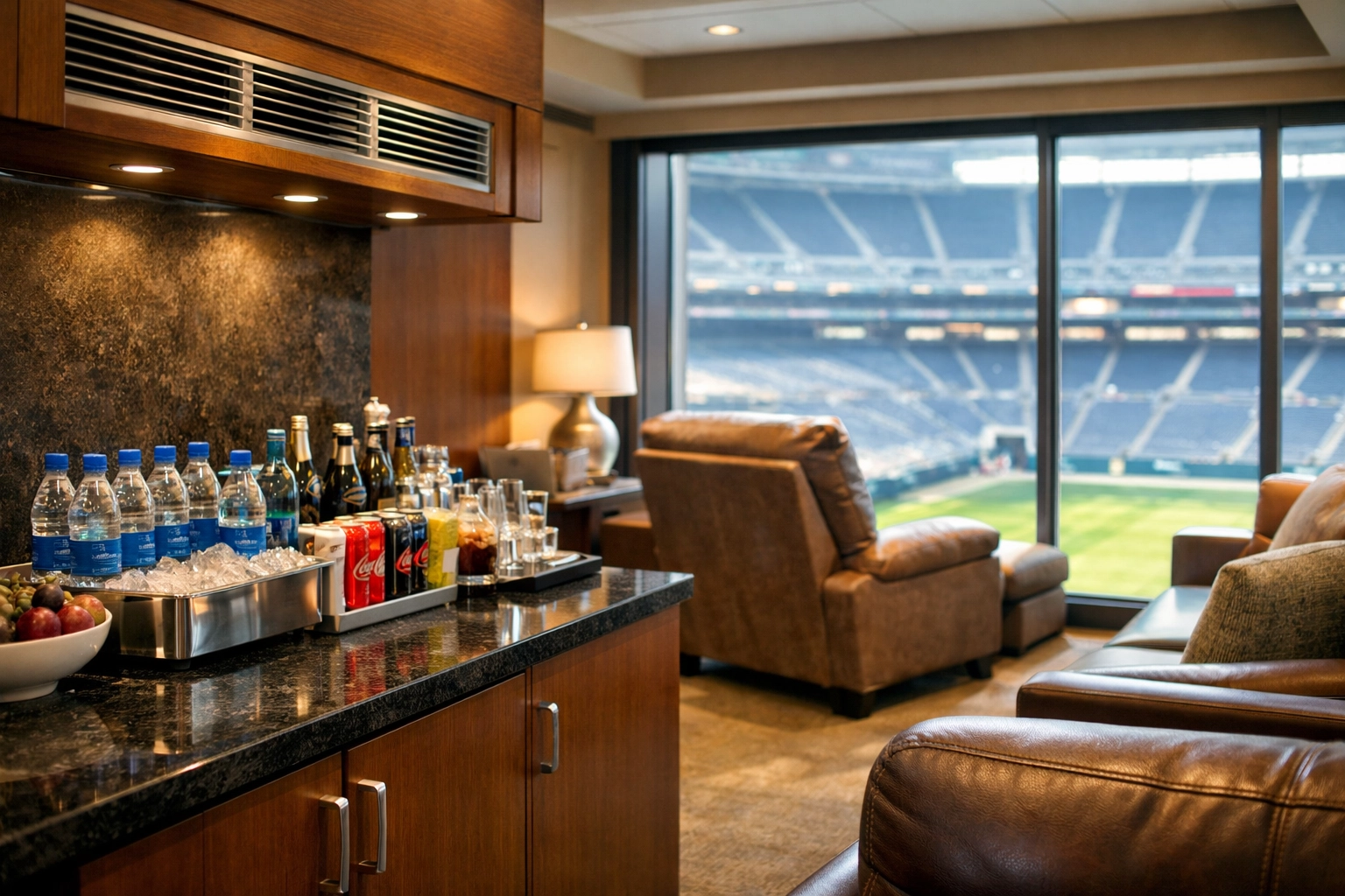 NEWSLETTER: 7 Mistakes You're Making with Super Bowl Executive Networking (And How to Fix Them Before Game Day) Premium Super Bowl suite interior with luxury seating and refreshments for executive comfort