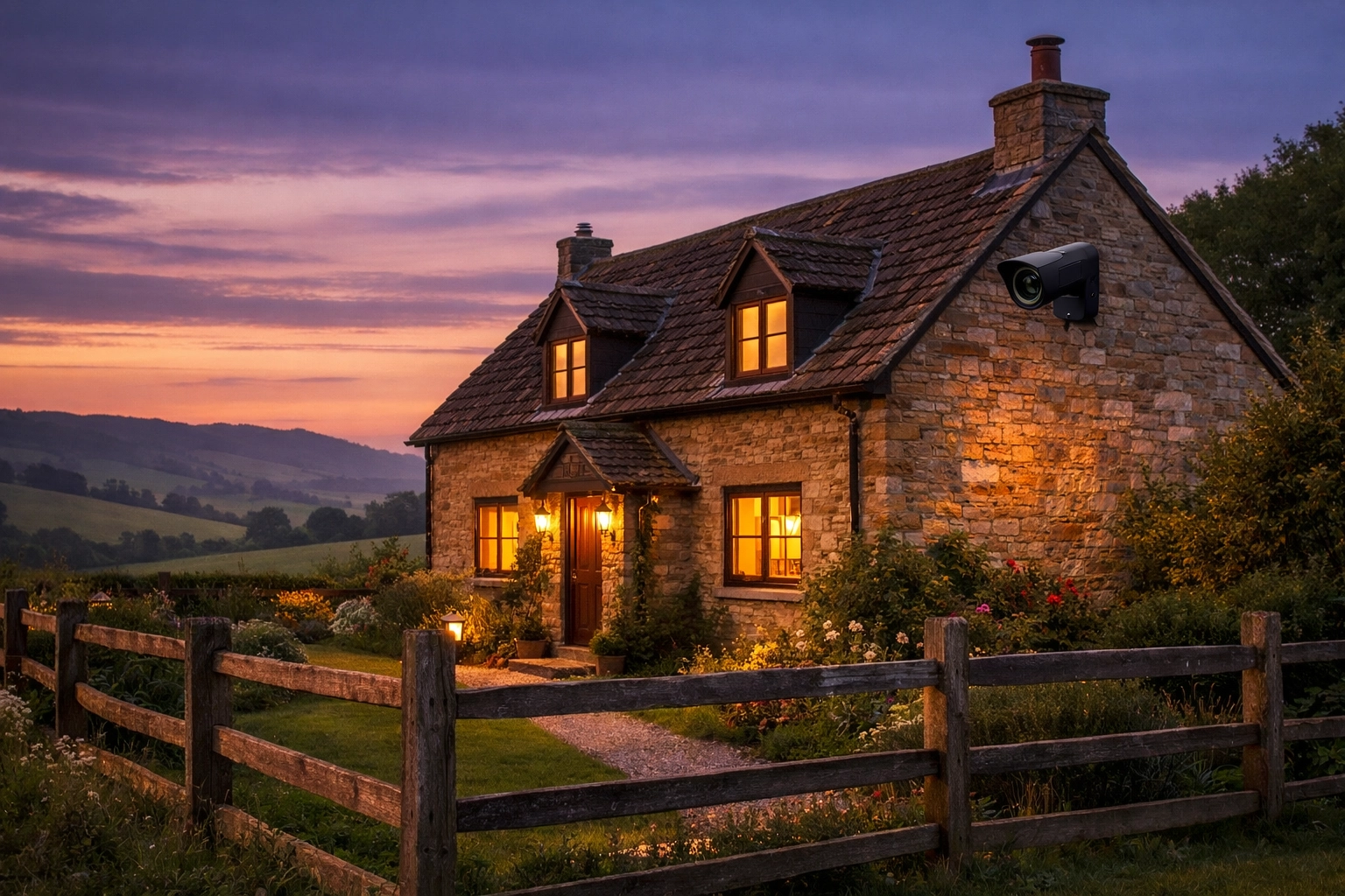 Residential CCTV installation on a Somerset stone cottage for 24/7 home security in Wincanton.