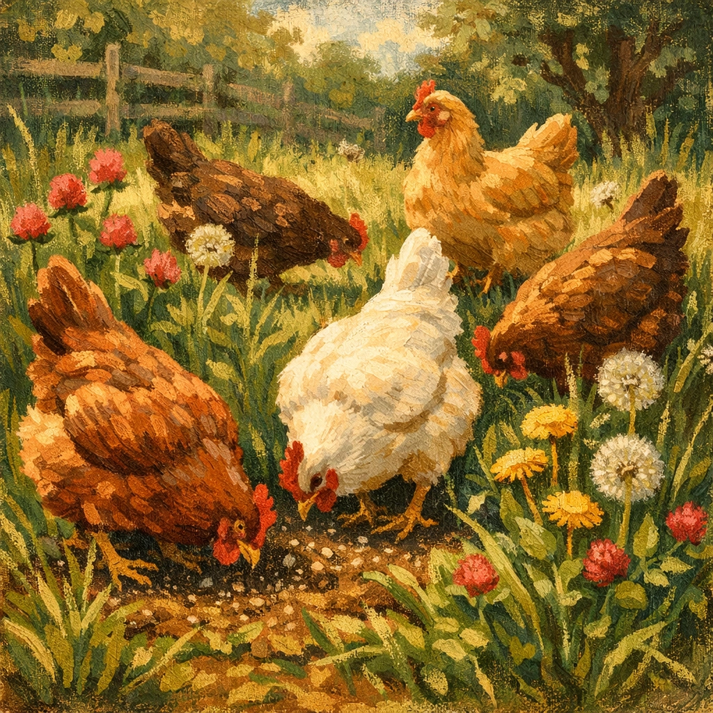Hens foraging in lush pasture, eating greens that create natural orange egg yolk color.