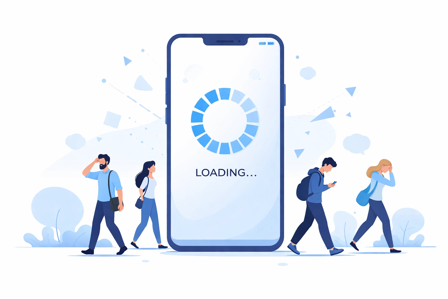 Visitors abandoning a slow-loading mobile website, illustrating high bounce rates from poor page speed