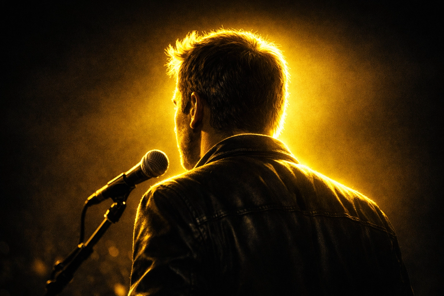 Speaker on stage with a vibrant halo effect created by professional worship backlighting.