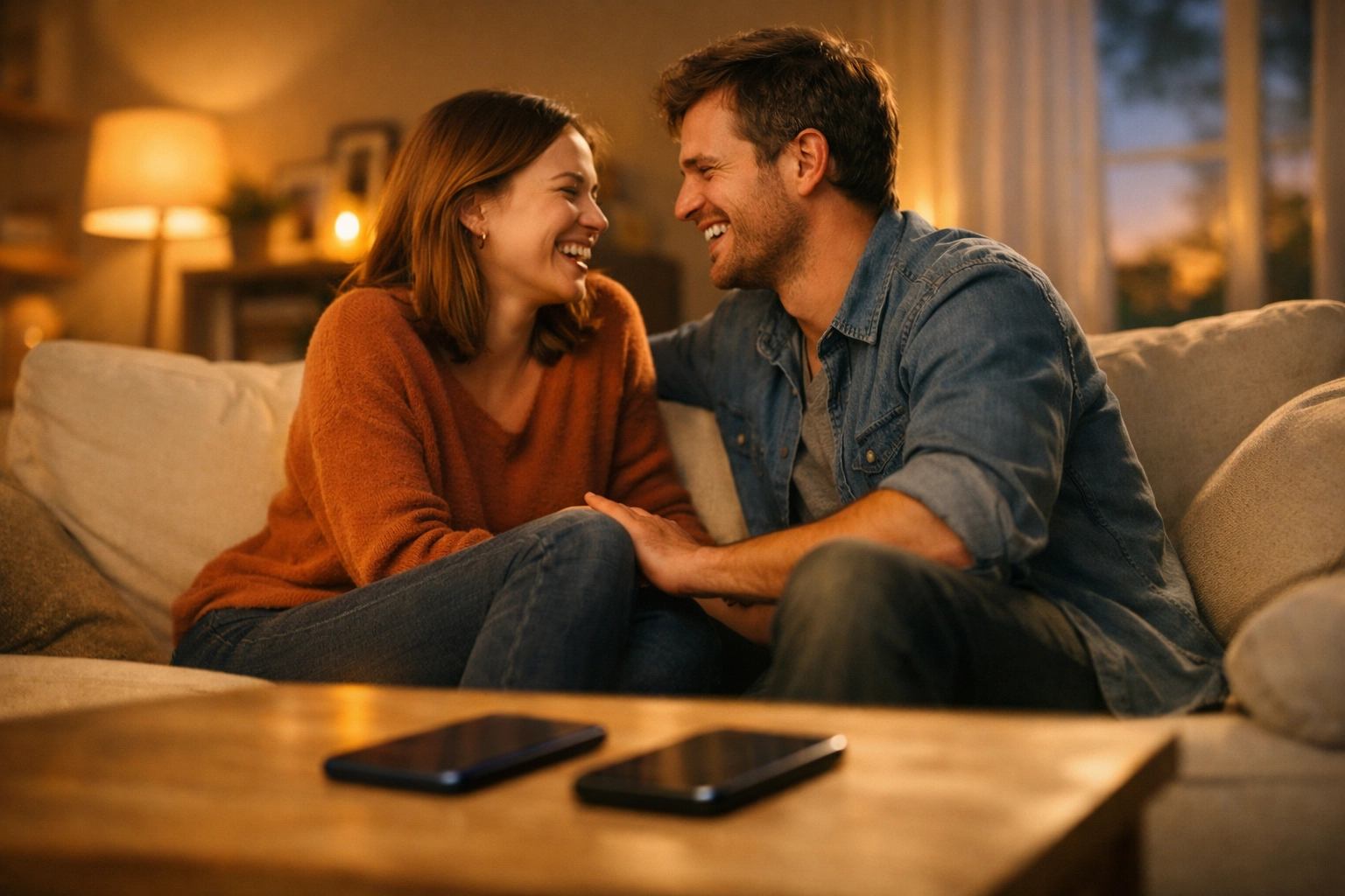 A husband and wife enjoying a digital sunset by talking together with their smartphones face-down.