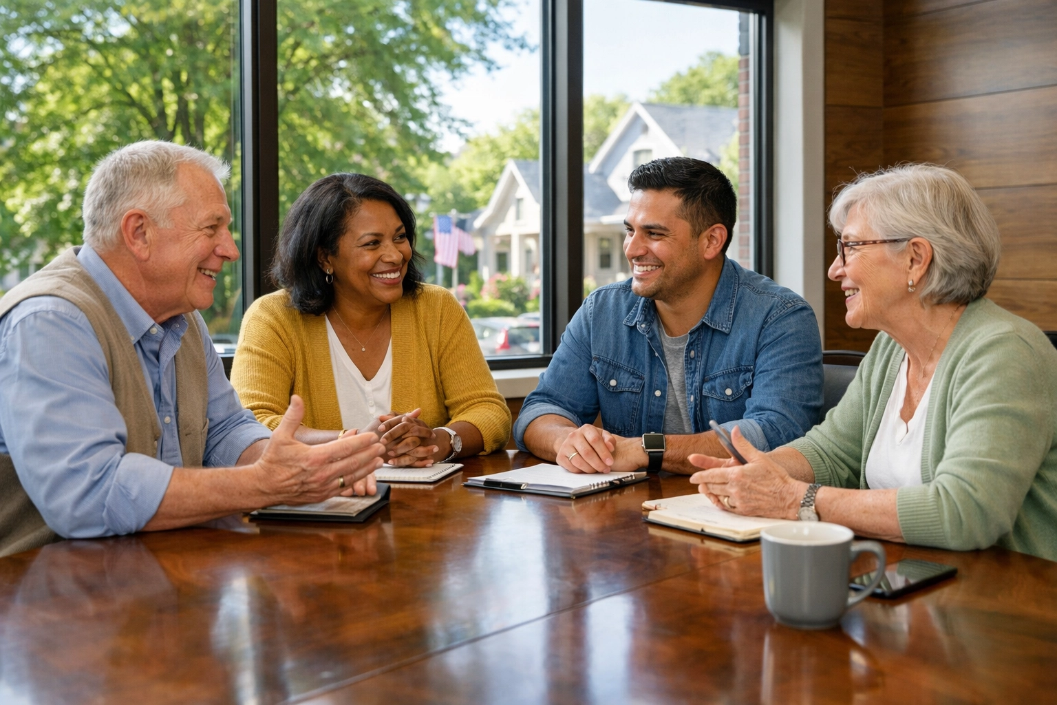 Diverse community leaders collaborating on civic engagement and unity in a modern meeting space.